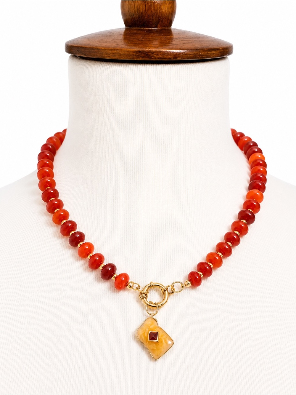 Handmade Red Agate Glass Beaded Rainbow Necklace Buttered Toast Gold Charm New!